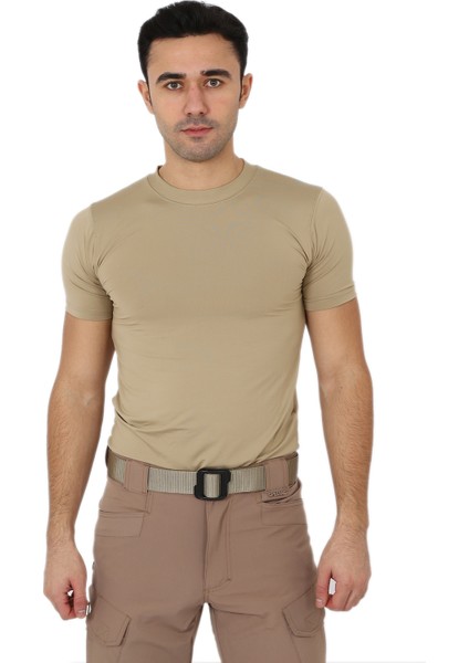 Bej Kısa Kol Microfiber T-Shirt - Slim Fit Outdoor Tişört