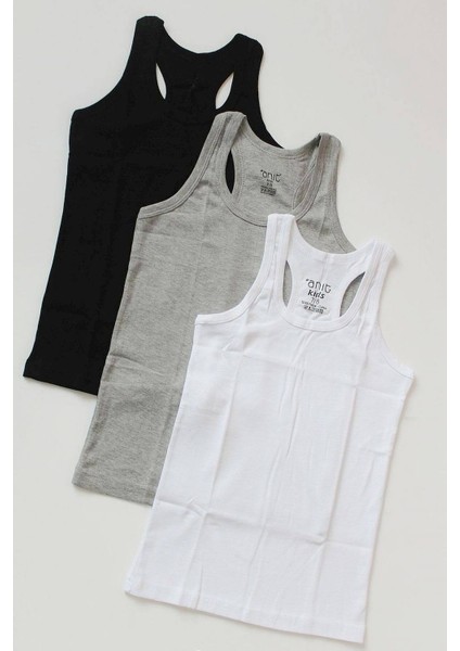 Erkek Çocuk 3'lü Paket Siyah-Beyaz-Gri Ribana Pamuklu Sporcu Atlet