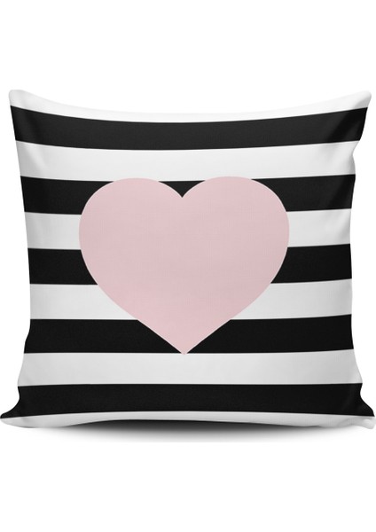 Kırlent Dünyası Çizgili Kalpli Dijital Baskılı Kırlent Kılıfı