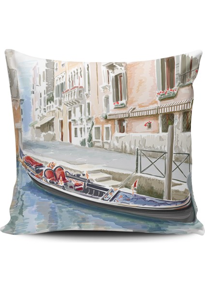 Kırlent Dünyası Kayık Manzaralı Dijital Baskılı Kırlent Kılıfı