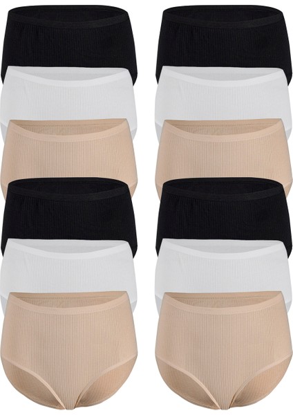 Kadın 12'li Paket Çizgili Yüksek Bel Bato Külot