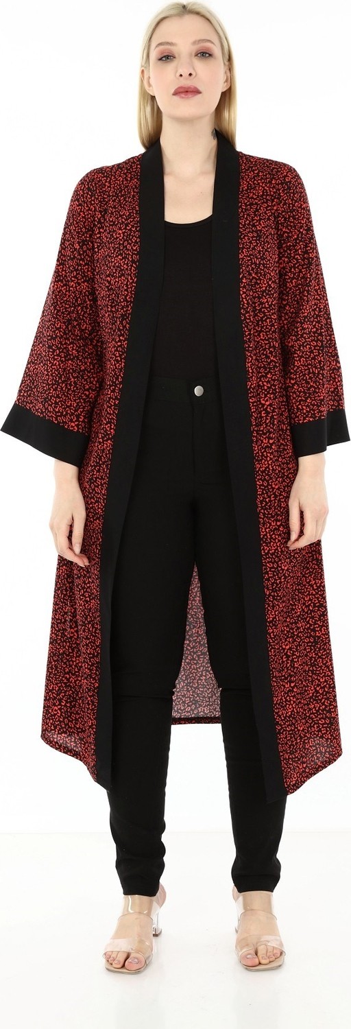 Disentis Modest Büyük Beden Şal Yaka Önü ve Kolları Siyah Garnili Yanları Yırtmaç Detaylı Kuşaklı Kırmızı Siyah Uzun Kimono