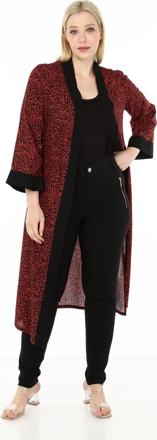 Disentis Modest Büyük Beden Şal Yaka Önü ve Kolları Siyah Garnili Yanları Yırtmaç Detaylı Kuşaklı Kırmızı Siyah Uzun Kimono görsel 5