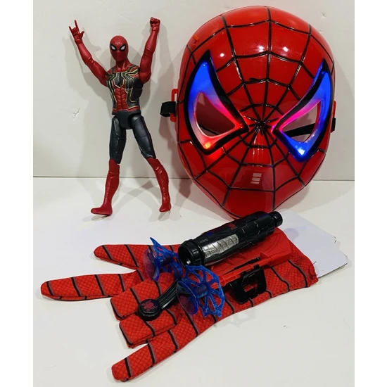 Spiderman Ağ Atan Eldiven+Işıklı Maske cm Işıklı Figür 3 Lü Set Oyuncak