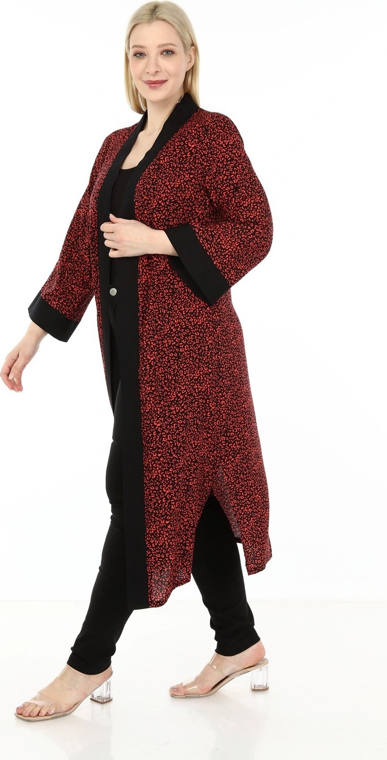 Disentis Modest Büyük Beden Şal Yaka Önü ve Kolları Siyah Garnili Yanları Yırtmaç Detaylı Kuşaklı Kırmızı Siyah Uzun Kimono görsel 3