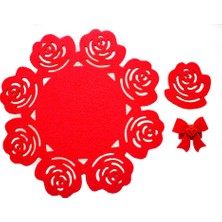 Zeff Tasarım Gül Tasarımlı Keçe Amerikan Servis Tabak Altlığı Set 6 Kişilik - Kırmızı