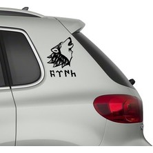 Uluyan Kurt Silüeti + Göktürkçe Türk Yazısı - Oto Sticker - Siyah
