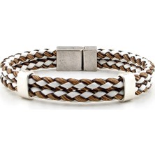 Solfera Kahve Beyaz Örgü Mıknatıslı Metal Klips Erkek Bileklik Bt398