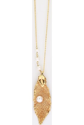 Sufi Design, 24K Altın Kaplama, Küçük Boy Gerçek Yaprak, Gümüş İncili Kolye Hbr3259