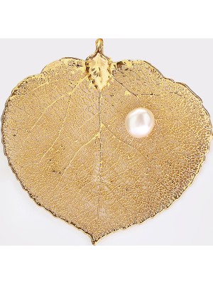 Sufi Design, 24K Altın Kaplama, Büyük Boy Gerçek Yaprak, Gümüş İncili Kolye Hbr3281
