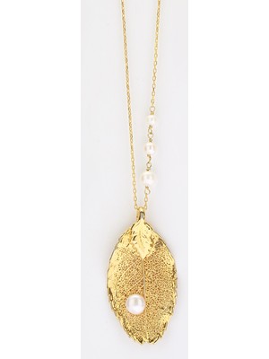 Sufi Design, 24K Altın Kaplama, Küçük Boy Gerçek Yaprak, Gümüş İncili Kolye Hbr3249