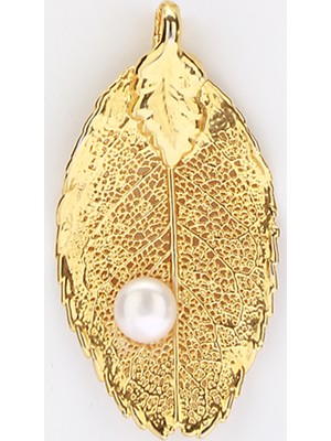 Sufi Design, 24K Altın Kaplama, Küçük Boy Gerçek Yaprak, Gümüş İncili Kolye Hbr3249