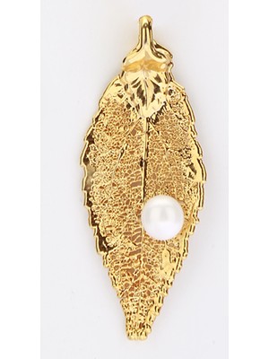 Sufi Design, 24K Altın Kaplama, Küçük Boy Gerçek Yaprak, Gümüş İncili Kolye Hbr3255