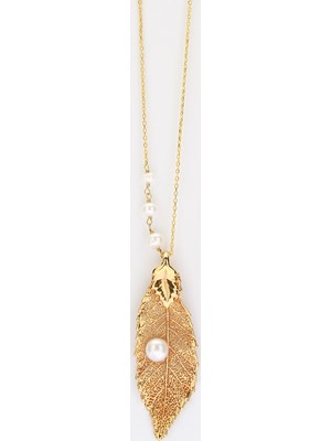 Sufi Design, 24K Altın Kaplama, Küçük Boy Gerçek Yaprak, Gümüş İncili Kolye Hbr3259