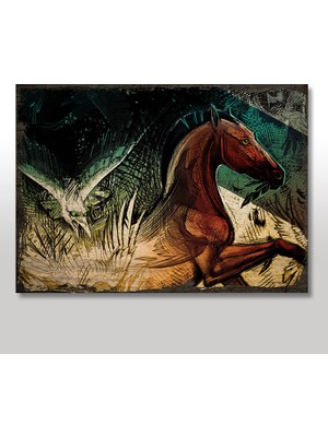 Cakasepetim Ahşap Tablo Vahşi Doğada At ve Yırtıcı Kuş