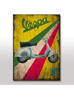 Cakasepetim Ahşap Tablo Renkli Zeminde Vespa Görsel