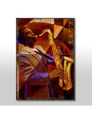 Cakasepetim Ahşap Tablo Saksafon Çalan Sanatçı