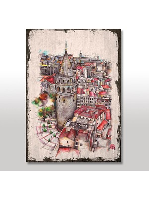 Cakasepetim Ahşap Tablo Retro İstanbul Galata Kulesi Tarz