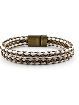 Solfera Kahve Beyaz Örgülü Çift Sıra Deri Erkek Bileklik Bt396