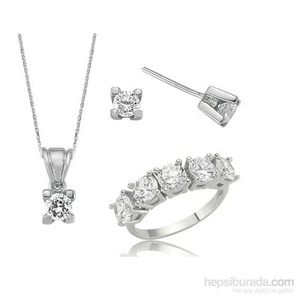 Silver & Silver 8 ct Zirkon Taşlı Kolye, Küpe, Beştaş Yüzük Set