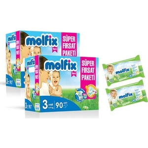 Bebek Bezi 3 Beden Midi Süper Fırsat Paketi 180 Adet (2 Adet Molfix Bebe Losyonlu Islak Havlu 60'lı Hediye)