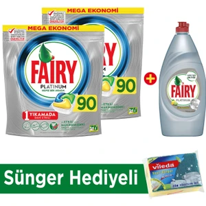 Platinum Bulaşık Makinesi Deterjanı Kapsülü Limon Kokulu 90 Yıkama 2'li Paket  +  Platinum Sıvı Bulaşık Deterjanı Limon 870 ml  + Sünger