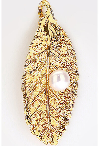 Sufi Design, 24K Altın Kaplama, Küçük Boy Gerçek Yaprak, Gümüş İncili Kolye Hbr3257