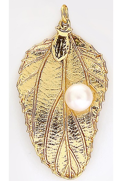 Sufi Design, 24K Altın Kaplama, Küçük Boy Gerçek Yaprak, Gümüş İncili Kolye Hbr3260