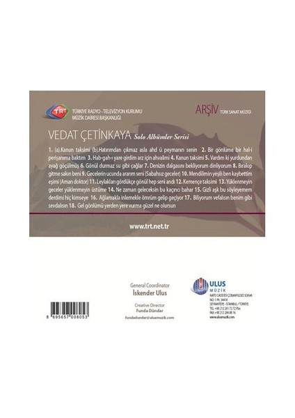 TRT Arşiv Serisi - 209 / Vedat Çetinkaya (Solo Albümler Serisi) (CD) fiyatları