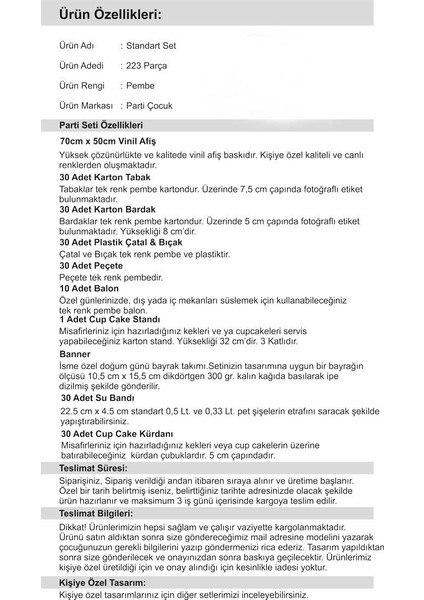 Baby Shower Çocuk Seti Kız Çocuğu Standart 30 kişilik Parti Çocuk