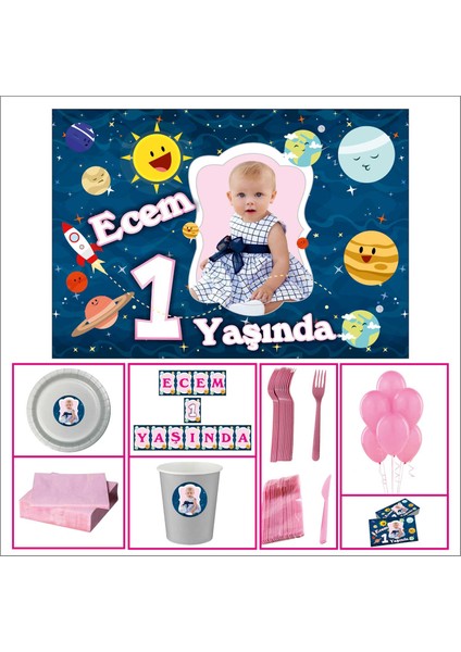Uzay Kız Çocuğu 1 Yaş Doğum Günü Standart Set 40 Kişilik