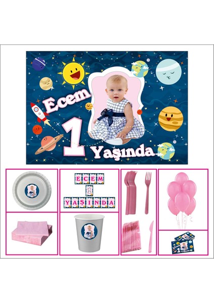Uzay Kız Çocuğu 1 Yaş Doğum Günü Özel Set 40 Kişilik