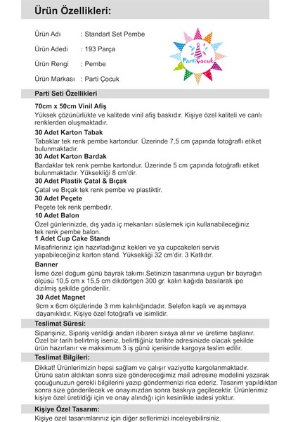 Doğum Günü Standart Set 3 Yaş Kız Çocuğu Pembe 30 Kişilik