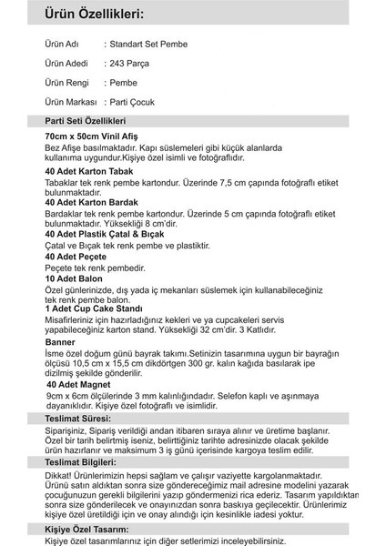 Doğum Günü 1 Yaş Standart Set Kız Çocuğu Pembe 40 Kişilik