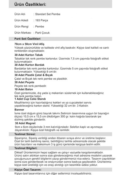 Doğum Günü 1 Yaş Standart Set Kız Çocuğu Pembe 30 Kişilik