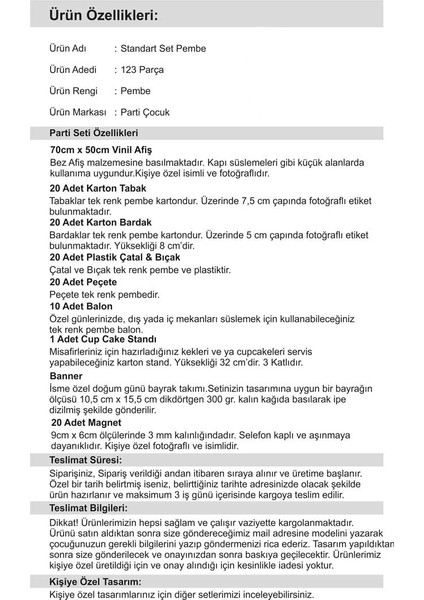Doğum Günü 1 Yaş Standart Set Kız Çocuğu Pembe 20 Kişilik