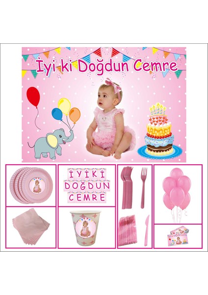 Doğum Günü 1 Yaş Özel Set Kız Çocuğu Pembe 30 Kişilik