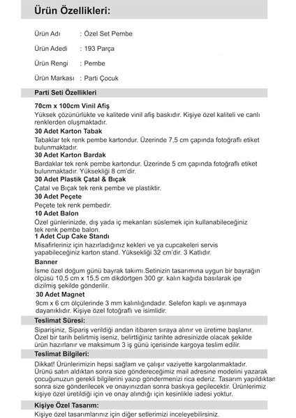 Doğum Günü 1 Yaş Özel Set Kız Çocuğu Pembe 30 Kişilik
