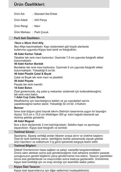 Doğum Günü 2 Yaş Standart Set Mavi Erkek 40 Kişilik