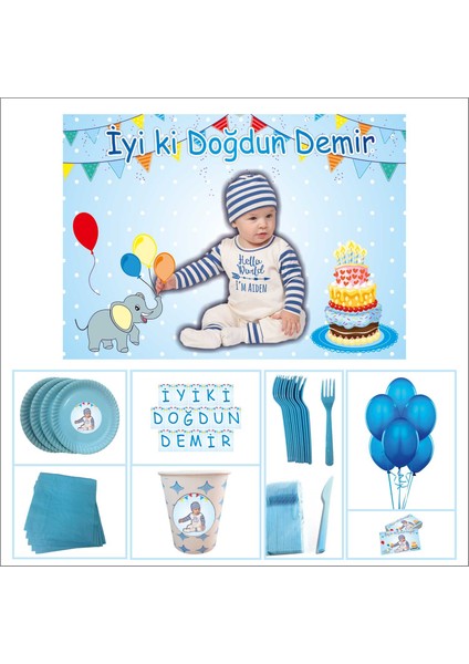 Doğum Günü 1 Yaş Özel Set Mavi Erkek 14 Kişili