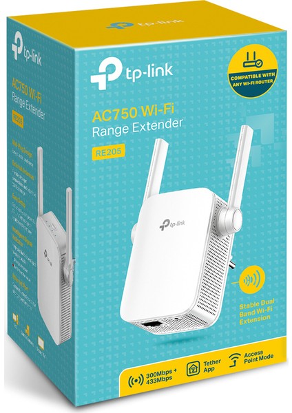 TP-Link RE205, AC750 Mbps, 2 Harici Anten ve 1 Ethernet Bağlantı Noktalı Wi-Fi Güçlendirici/Hotspot, Access Point Modu, Tüm Wi-Fi Yönlendiriciler ile Çalışır, Wi-Fi 5 Menzil Genişletici