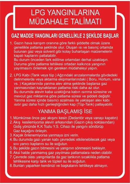Lpg Yangınlarına Müdahale Talimatı 25 X 35 Cm Uyarı Levhası