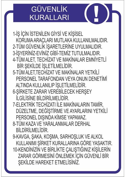 Güvenlik Talimatı 25 X 35 Cm Uyarı Levhası