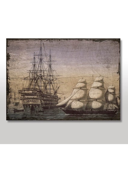 Ahşap Tablo Yelkenli Eski Savaş Gemisi