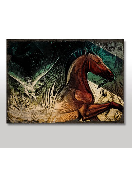 Ahşap Tablo Vahşi Doğada At ve Yırtıcı Kuş