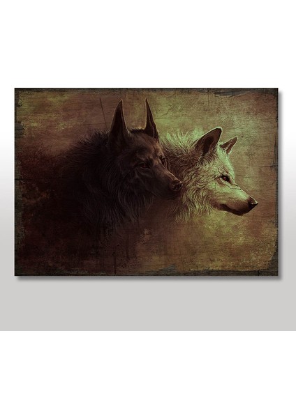 Ahşap Tablo Siyah Beyaz Kurtlar