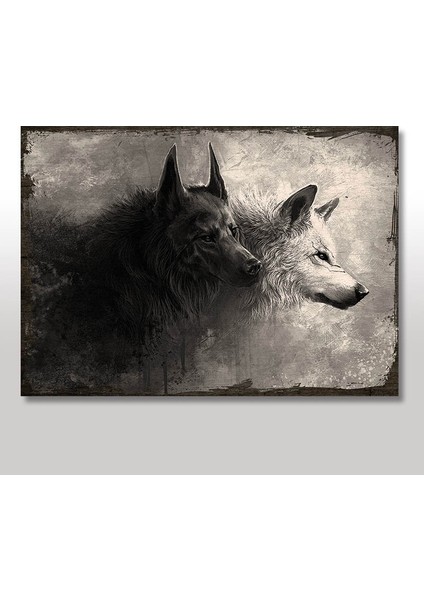 Ahşap Tablo Siyah Beyaz Kurtlar