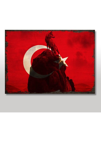 Tablomega Ahşap Tablo Bayrak ve Yalnız Kurt