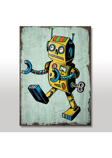 Ahşap Tablo Retro Robot Toy Figürü