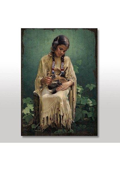 Ahşap Tablo Eski Kucağında Tilki Kızılderili Kız Çocuğu
